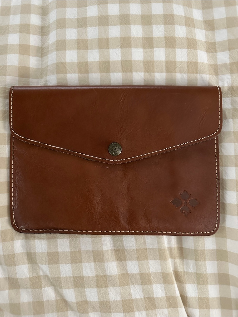 Patricia Nash Brown Leather Envelope Clutch with Contrast Stitching